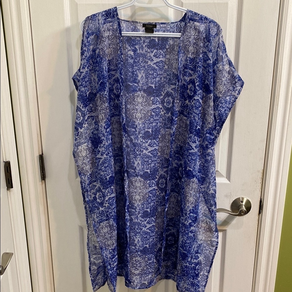 Kensie Blue and White Beach Cover Up Sheer Open Front Peekaboo Shoulder One Size